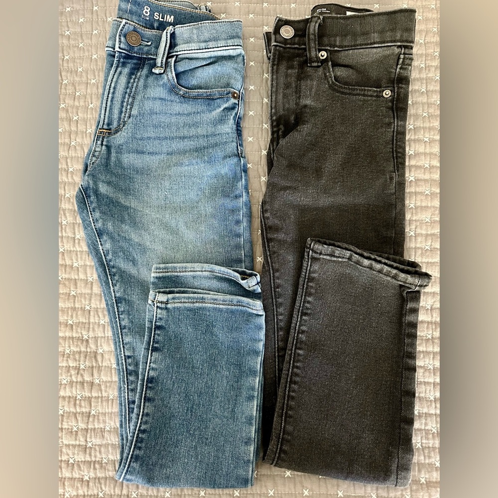 Blue jeans are 8 slim gap kids. Black Old Navy 8 slim. Both excellent condition.